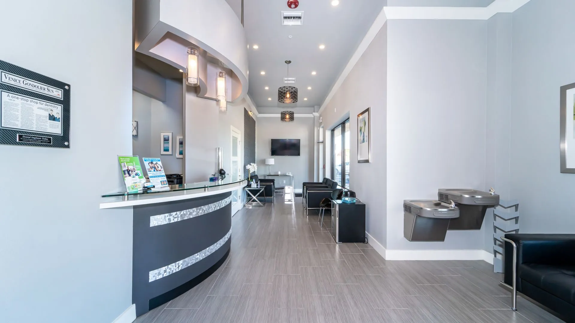 Reception area with front desk and refreshment station